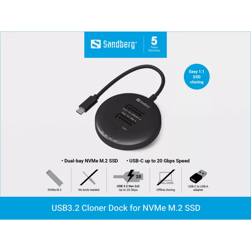 Sandberg USB3.2 Cloner Dock für NVMe M.2 SSD, Schwarz, 20 Gbit/s