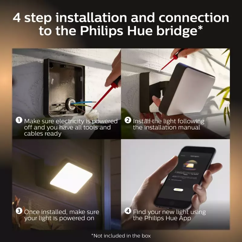 Smarte Außenwandleuchte Philips Hue White Welcome Floodlight, 20,5 W LED, 220–240 V Eingang, 24 V Leuchtmittel, schwarz, 160×220×153 mm