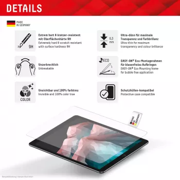 Displex Tablet Glass (9H) für Samsung Galaxy Tab S7/S8/S9/S9 FE/S10 FE/S10 Lite, Eco Montagerahmen, unzerbrechlich