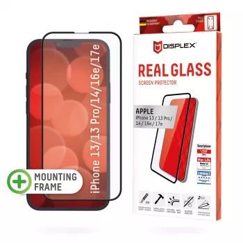 Displex Premium Displayschutzfolie (Full Cover, 10H) für Apple iPhone 13/13 Pro/14/16e/17e, Eco-Montagerahmen, Full Cover