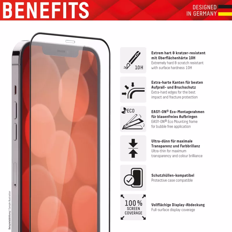 Displex Premium Displayschutzfolie (Full Cover, 10H) für Apple iPhone 13/13 Pro/14/16e/17e, Eco-Montagerahmen, Full Cover
