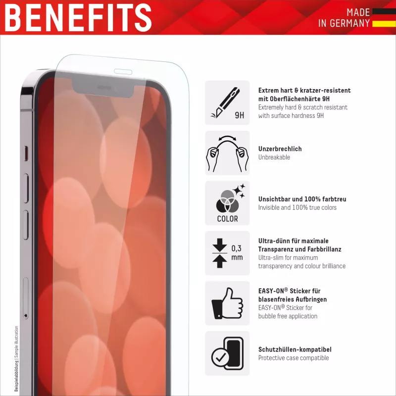 Displex Smart Glass (9H) für Apple iPhone 13/13 Pro/14/16e/17e, Montageaufkleber, unzerbrechlich