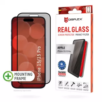 Displex Privacy Screen Protector (10H) für Apple iPhone 15/15 Pro, Eco-Montagerahmen, Privacy Filter