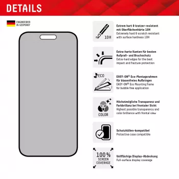 Displex Privacy Screen Protector (10H) für Apple iPhone 15/15 Pro, Eco-Montagerahmen, Privacy Filter