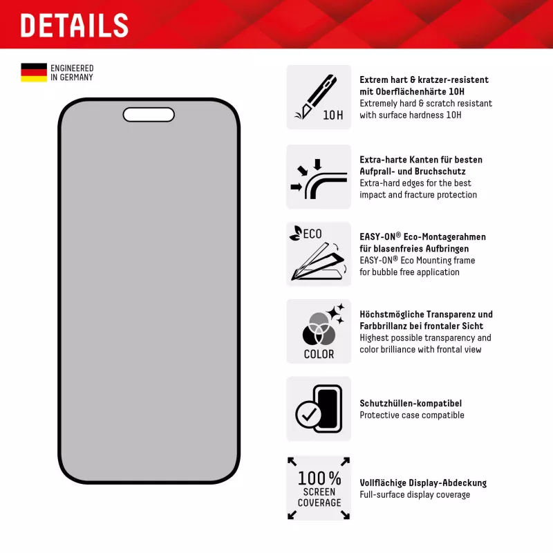 Displex Privacy Screen Protector (10H) für Apple iPhone 15/15 Pro, Eco-Montagerahmen, Privacy Filter
