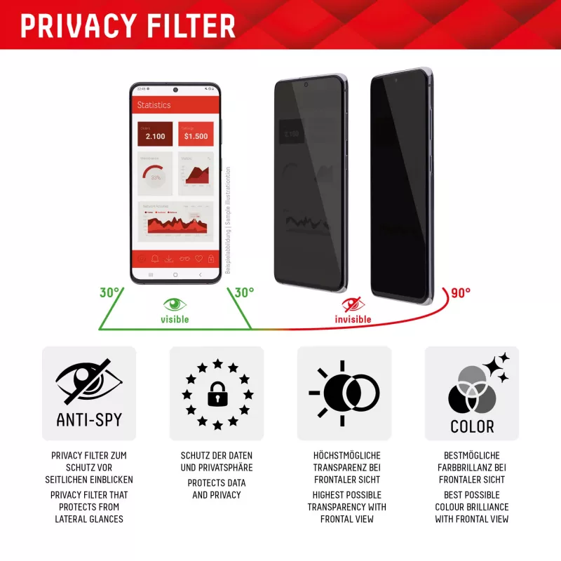 Displex Privacy Screen Protector (10H) für Apple iPhone 15/15 Pro, Eco-Montagerahmen, Privacy Filter