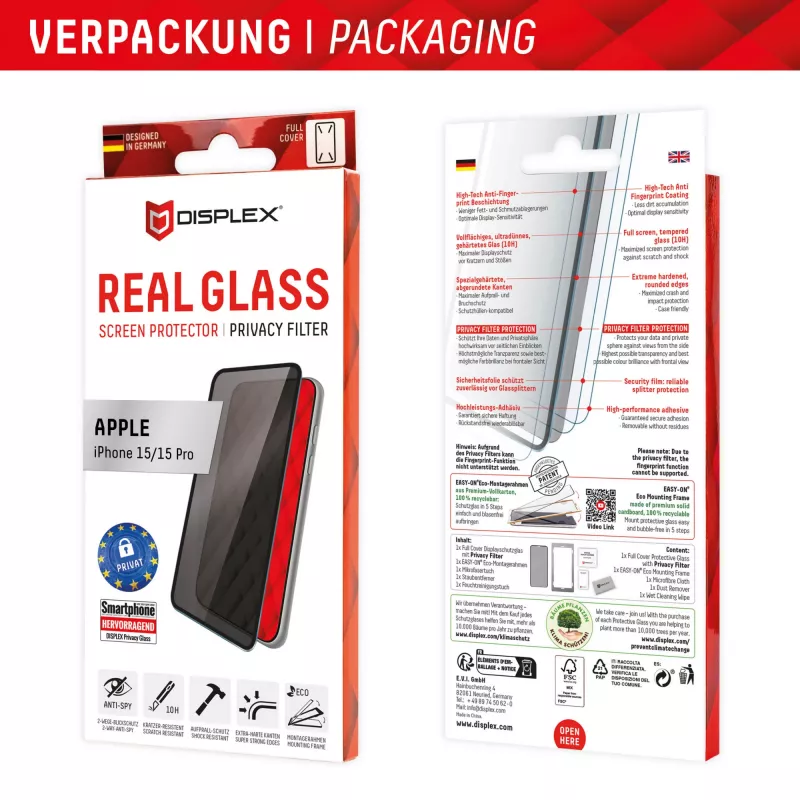 Displex Privacy Screen Protector (10H) für Apple iPhone 15/15 Pro, Eco-Montagerahmen, Privacy Filter