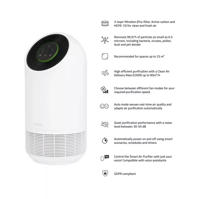 Luftreiniger Hombli Smart Air Purifier von Avanca International BV, Geräuschpegel 30 dB, erhältlich in Weiß und Schwarz