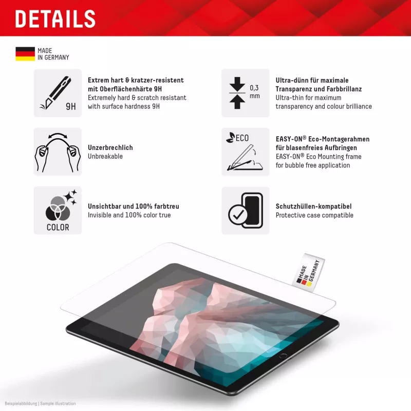 Displex Tablet Glass (9H) für Samsung Galaxy Tab A11+/A9+, Eco Montagerahmen, unzerbrechlich