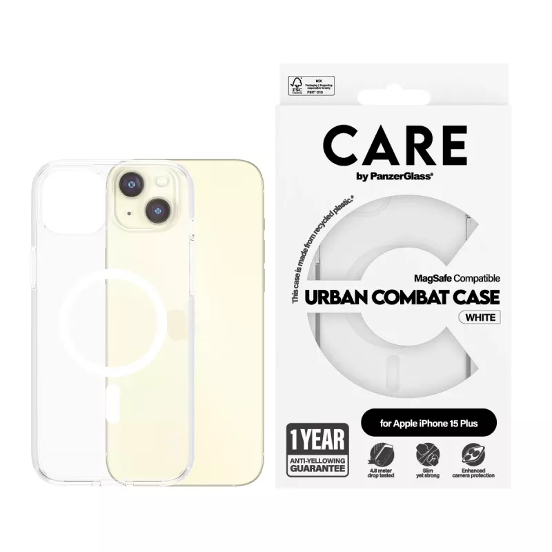 PanzerGlass CARE™ by ® Urban Combat Hülle Transparent mit weißem MagSafe iPhone 15 Plus