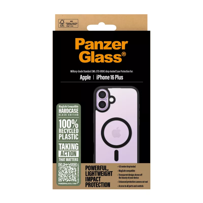 PanzerGlass ® HardCase Transparent mit schwarzem MagSafe & Rahmen iPhone 16 Plus