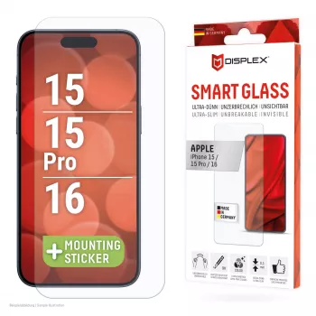 Displex Smart Glass (9H) für Apple iPhone 15/15 Pro/16, Montageaufkleber, unzerbrechlich