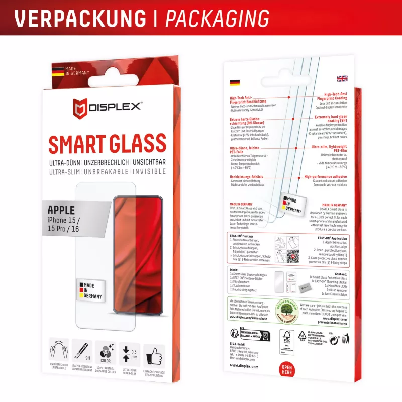 Displex Smart Glass (9H) für Apple iPhone 15/15 Pro/16, Montageaufkleber, unzerbrechlich