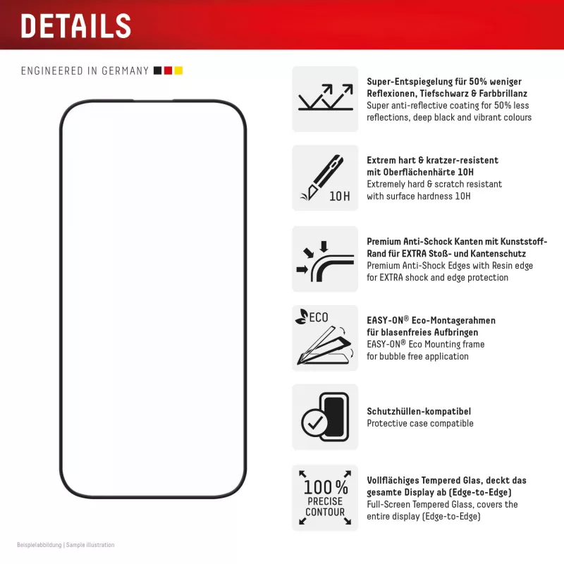 Displex Premium Anti-Reflex Displayschutzfolie (entspiegelte Full Cover, 10H) für Apple iPhone 16 Pro Max, Eco-Montagerahmen, Full Cover