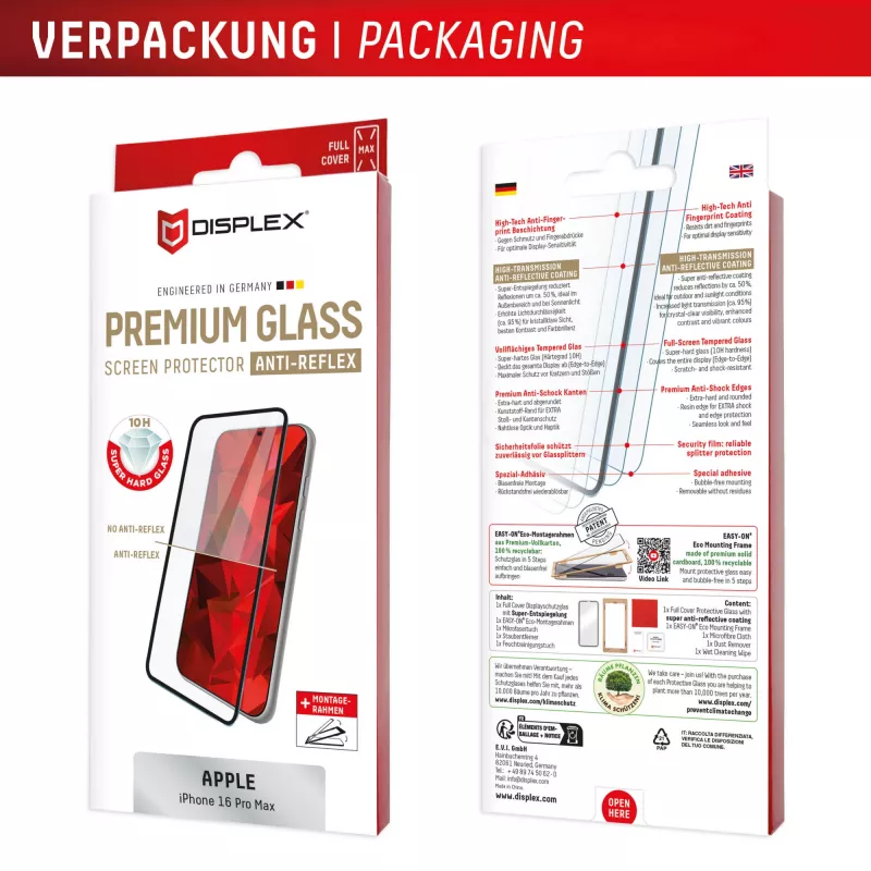 Displex Premium Anti-Reflex Displayschutzfolie (entspiegelte Full Cover, 10H) für Apple iPhone 16 Pro Max, Eco-Montagerahmen, Full Cover