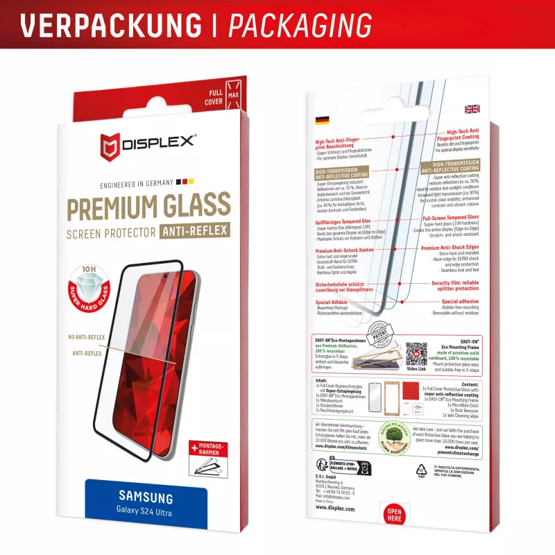Displex Premium Anti-Reflex Displayschutzfolie (entspiegelte Vollabdeckung, 10H) für Samsung Galaxy S24 Ultra, Eco-Montagerahmen, Vollabdeckung