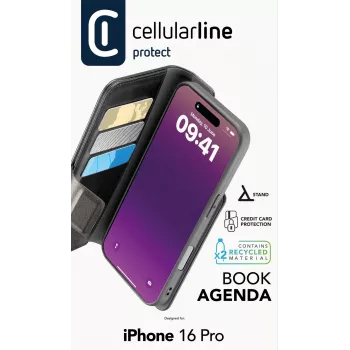 Cellularline Book Agenda – iPhone 16 Pro Lederoptik-Buchhülle mit Magnetverschluss