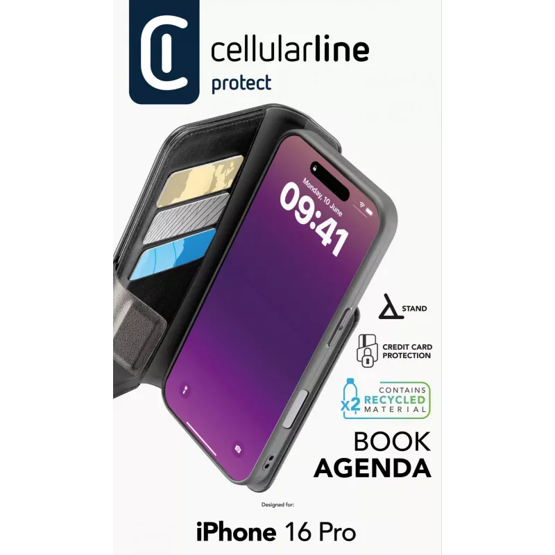 Cellularline Book Agenda – iPhone 16 Pro Lederoptik-Buchhülle mit Magnetverschluss