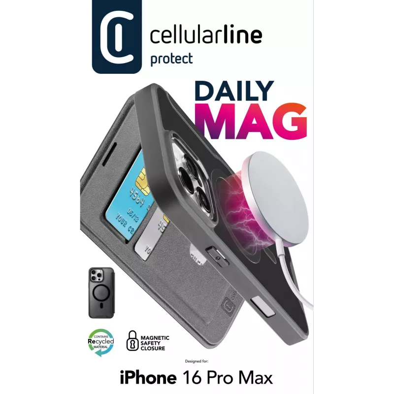 Cellularline Daily Mag - iPhone 16 Pro Max Buchhülle mit halbtransparenter Hartrückseite, kompatibel mit dem MagSafe®-Ökosystem