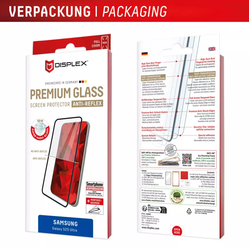 Displex Premium Displayschutzfolie (Full Cover, 10H) für Samsung Galaxy S25 Ultra, Eco-Montagerahmen, Full Cover
