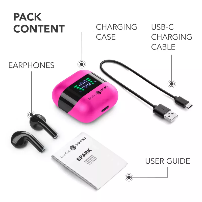Music Sound SPARK Auricolare TWS con Display LED, True Wireless Stereo (TWS), Anrufe/Musik, 66 g, Headset, Pink