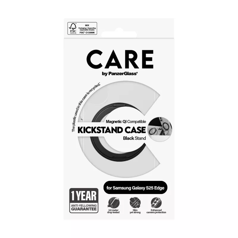 PanzerGlass CARE transparente Hülle mit schwarzem Ständer und Qi Samsung Galaxy S25 Edge