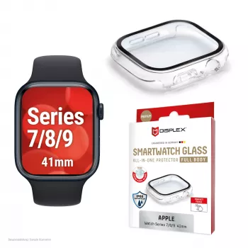 Displex 10H Temperglas für Apple Watch 9/8/7 (41mm), Ganzkörper-Schutz, IP68, Snap-On, transparent