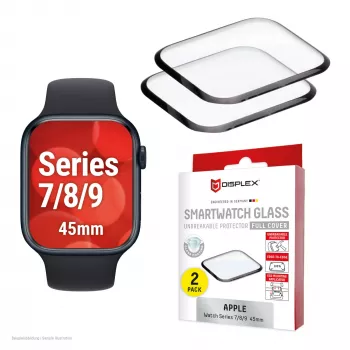 Displayschutzfolie Displex Unbreakable Full Cover Smart Glass für Apple Watch 45mm (Series 9/8/7), 2er-Pack, ultradünn randlos