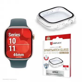 Displayschutz PanzerGlass Displex 10H für Apple Watch 11/10 42 mm, Vollkörper-Glas, IP68, zum Aufclipsen, Schwarz-Matt