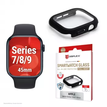 Displex 10H Tempered Glass für Apple Watch 9/8/7 (45 mm), Full-Body-Case, IP68, Snap-On, schwarz matt