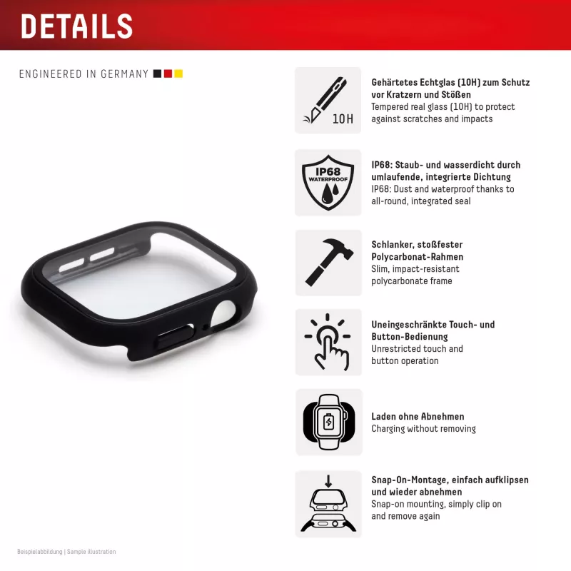 Displex 10H Tempered Glass für Apple Watch 9/8/7 (45 mm), Full-Body-Case, IP68, Snap-On, schwarz matt