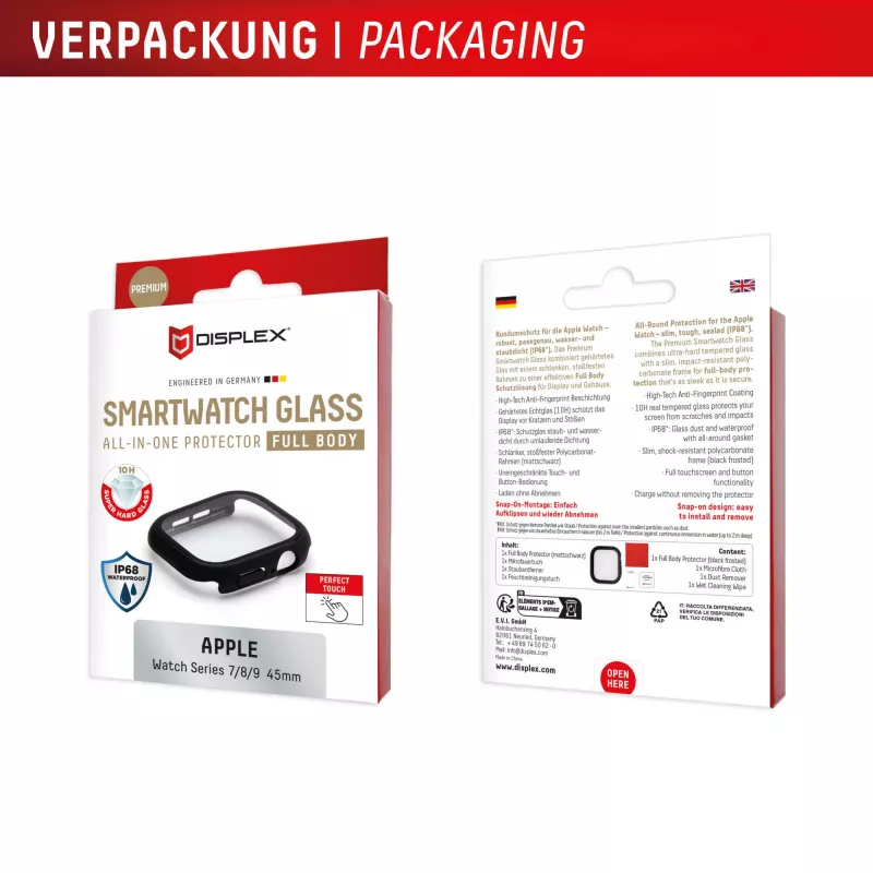 Displex 10H Tempered Glass für Apple Watch 9/8/7 (45 mm), Full-Body-Case, IP68, Snap-On, schwarz matt