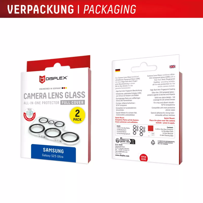 Displex Full Cover Kamera-Linsen-Glas Samsung Galaxy S25 Ultra, 10H, Vollständiger Kameraschutz, Schnellmontage, 2er-Pack