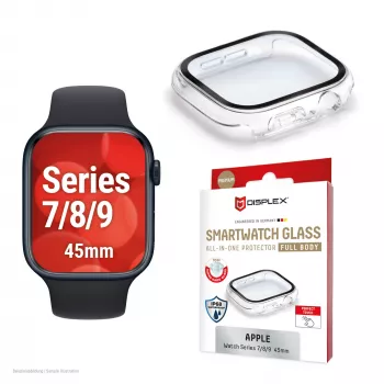 Bildschirmschutz PanzerGlass Displex 10H für Apple Watch 9/8/7 45mm, vollflächiges gehärtetes Glas, IP68, Snap-on, transparent