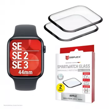 Displex Unzerbrechliche Vollabdeckung Smart Glass Apple Watch SE3/SE2/SE (44mm), 2er-Pack, Ultradünn, Randlos, Eco Mount