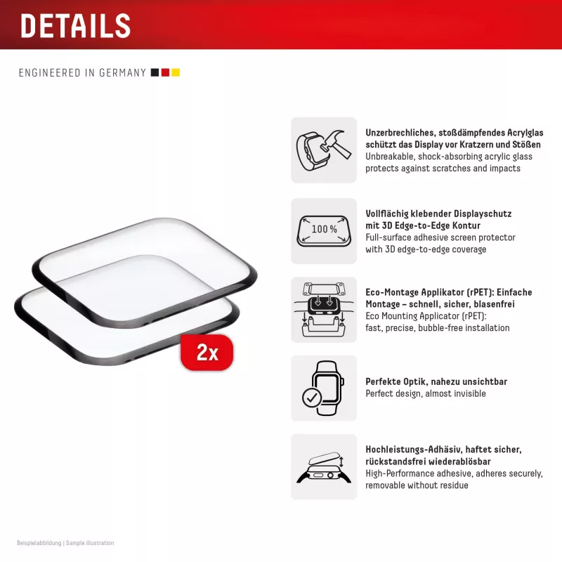 Displex Unzerbrechlicher Vollabdeckungs-Schutzglas Apple Watch SE3/SE2/SE (40mm), 2er-Pack, Ultra-Dünn, Randlos, Eco Mount