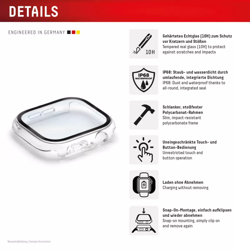 Displex 10H Temperglas für Apple Watch SE3/SE2/SE (40 mm), Full-Body-Hülle, IP68, Snap-On, transparent