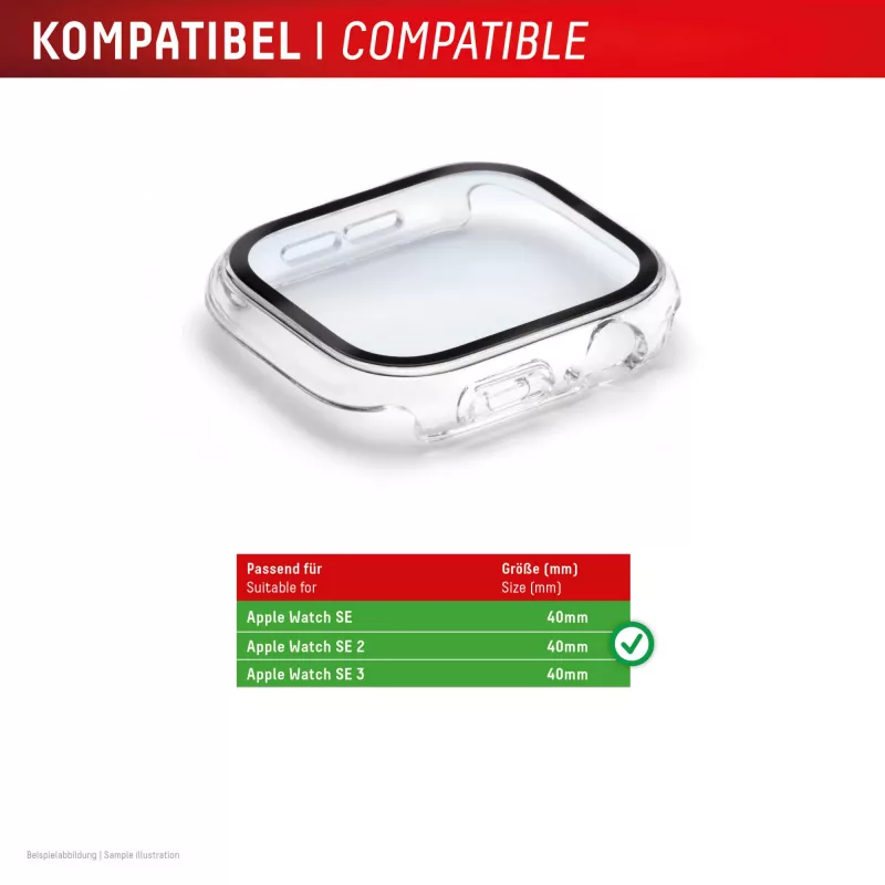 Displex 10H Temperglas für Apple Watch SE3/SE2/SE (40 mm), Full-Body-Hülle, IP68, Snap-On, transparent