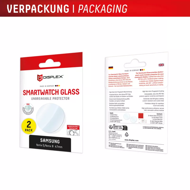 Displayschutzglas Compulocks Displex 9H für Garmin fenix 8 / fenix E (47 mm) – 2er-Pack, ultradünn, randlos, schmutzabweisend