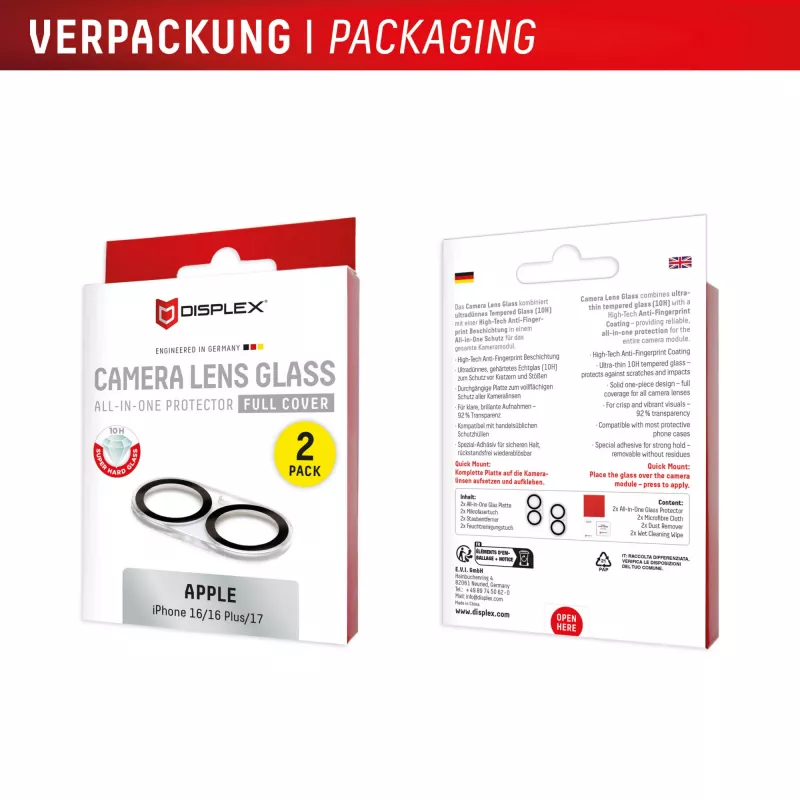 Displex Full Cover Kameralinsen-Glas iPhone 16/16 Plus/17, 10H, vollständiger Kameraschutz, Schnellmontage, 2er-Pack