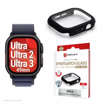 Displayschutz PanzerGlass Displex 10H für Apple Watch Ultra 3/Ultra 2/Ultra (49 mm), Vollkörper, IP68, Snap-on, schwarz matt