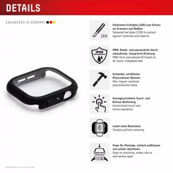 Displex 10H Temperglas für Apple Watch 11/10 (46 mm), Ganzkörperschutz, IP68, Snap-On, schwarz matt