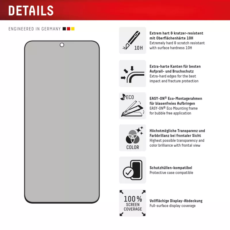 Displex Sichtschutz-Displayschutzfolie (10H) für Samsung Galaxy S25 FE/S24 FE, Eco-Montagerahmen, Sichtschutzfilter
