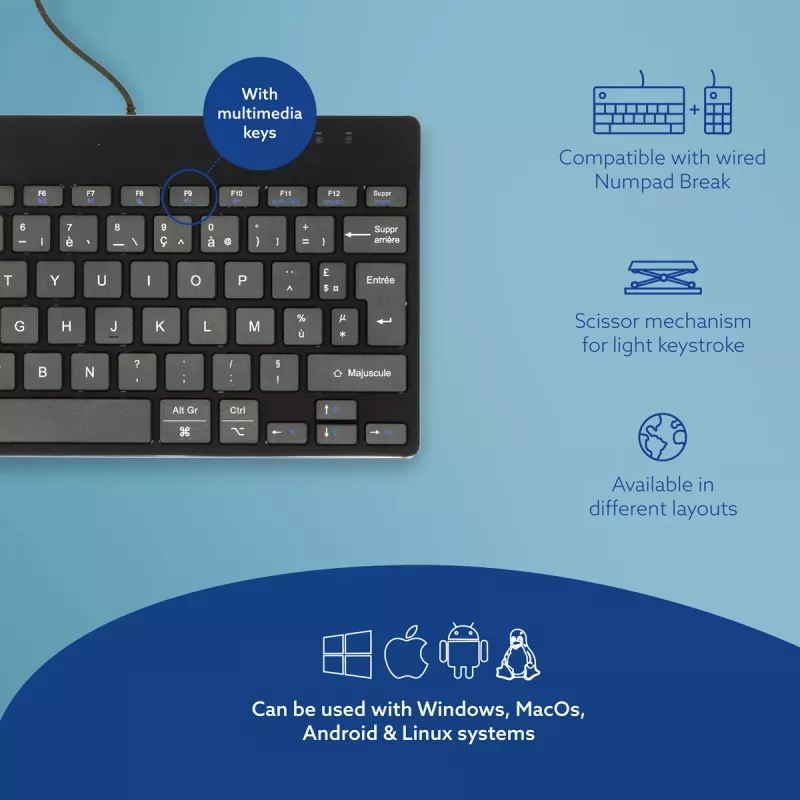 R-Go Tools Ergonomische Tastatur R-Go Compact Break, kompakte Tastatur mit Pausen-Software, AZERTY (FR), kabelgebunden, schwarz