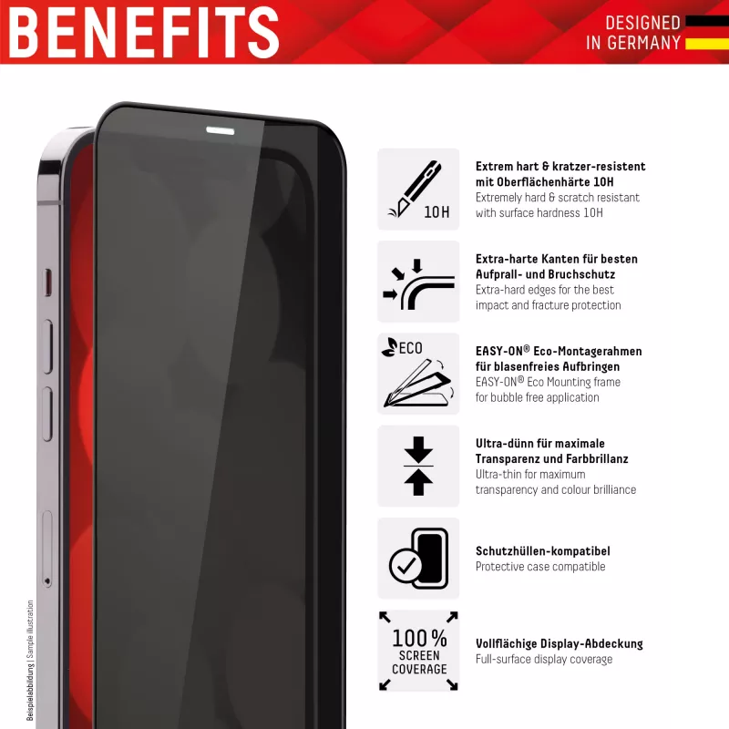 Displex Privacy Full Cover Screen Protector (10H) für Apple iPhone 12 Pro Max, Eco-Montagerahmen, Privacy-Filter, gehärtetes Glas, kratzfeste Schutzfolie, case-freundlich