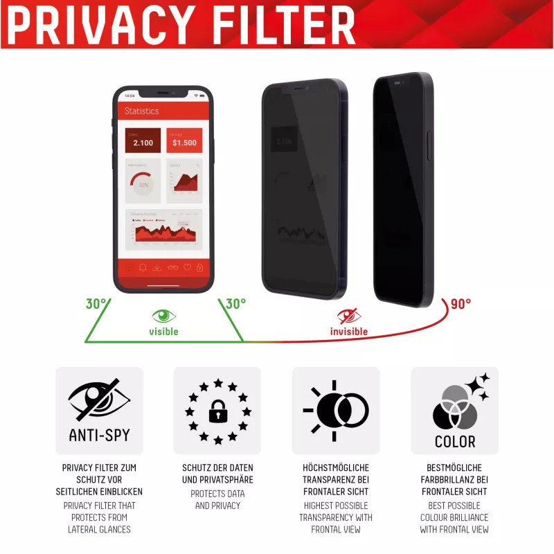 Displex Privacy Full Cover Screen Protector (10H) für Apple iPhone 12 Pro Max, Eco-Montagerahmen, Privacy-Filter, gehärtetes Glas, kratzfeste Schutzfolie, case-freundlich