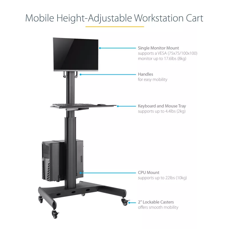 StarTech.com Mobiler Workstation-Wagen mit Monitorhalterung, CPU/PC-Halter, Tastaturablage – Ergonomischer höhenverstellbarer Desktop-Computerwagen – Rollende mobile Steharbeitsstation auf Rädern