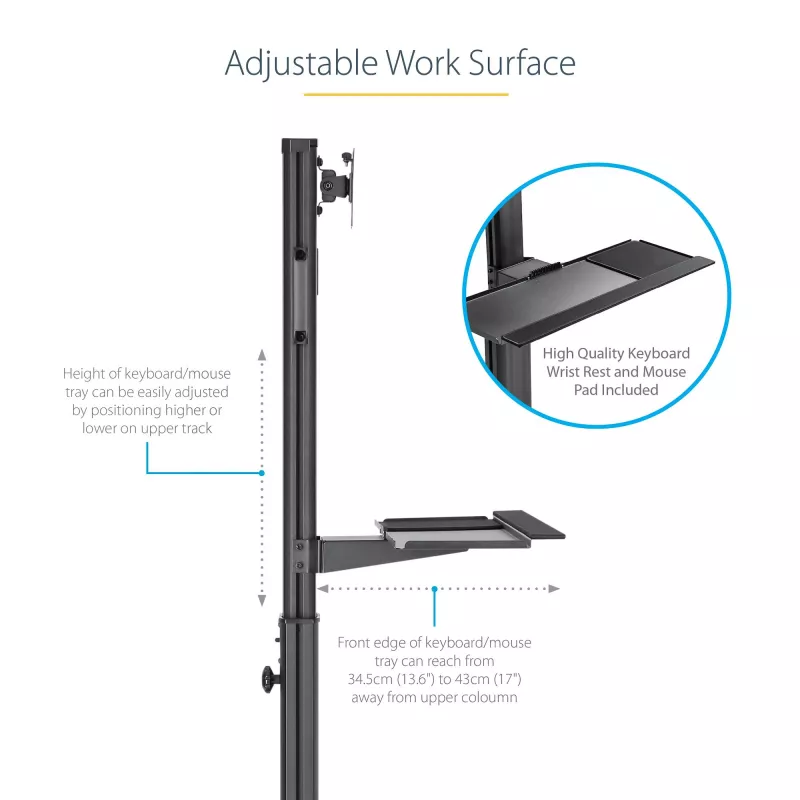 StarTech.com Mobiler Workstation-Wagen mit Monitorhalterung, CPU/PC-Halter, Tastaturablage – Ergonomischer höhenverstellbarer Desktop-Computerwagen – Rollende mobile Steharbeitsstation auf Rädern