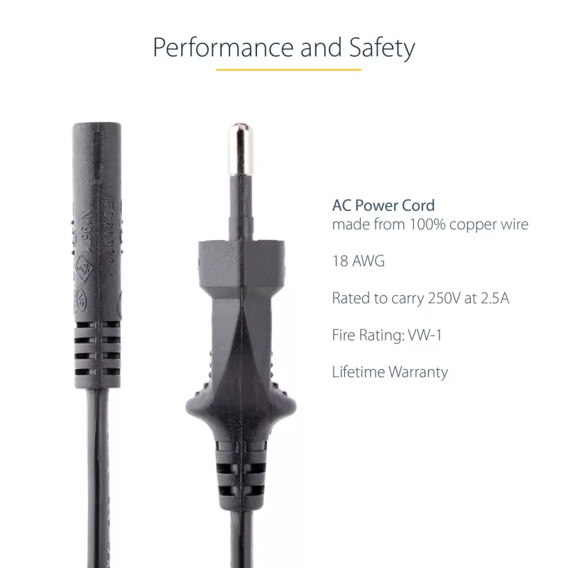 StarTech.com 3 m (10 ft) Laptop-Netzkabel, EU-Stecker auf C7, 2,5 A 250 V, 18 AWG, Laptop-Ersatzkabel, Drucker-Netzkabel, Laptop-Ladekabel, Laptop-Netzteilkabel, Schwarz