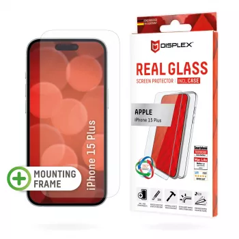 Displex Displayschutzfolie + Hülle für Apple iPhone 15 Plus, Eco-Montagerahmen, kratzfest